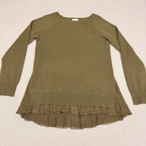 Garnet Hill Cashmere Sweater Womens M Olive Green Layered Lagenlook Knit Preppy